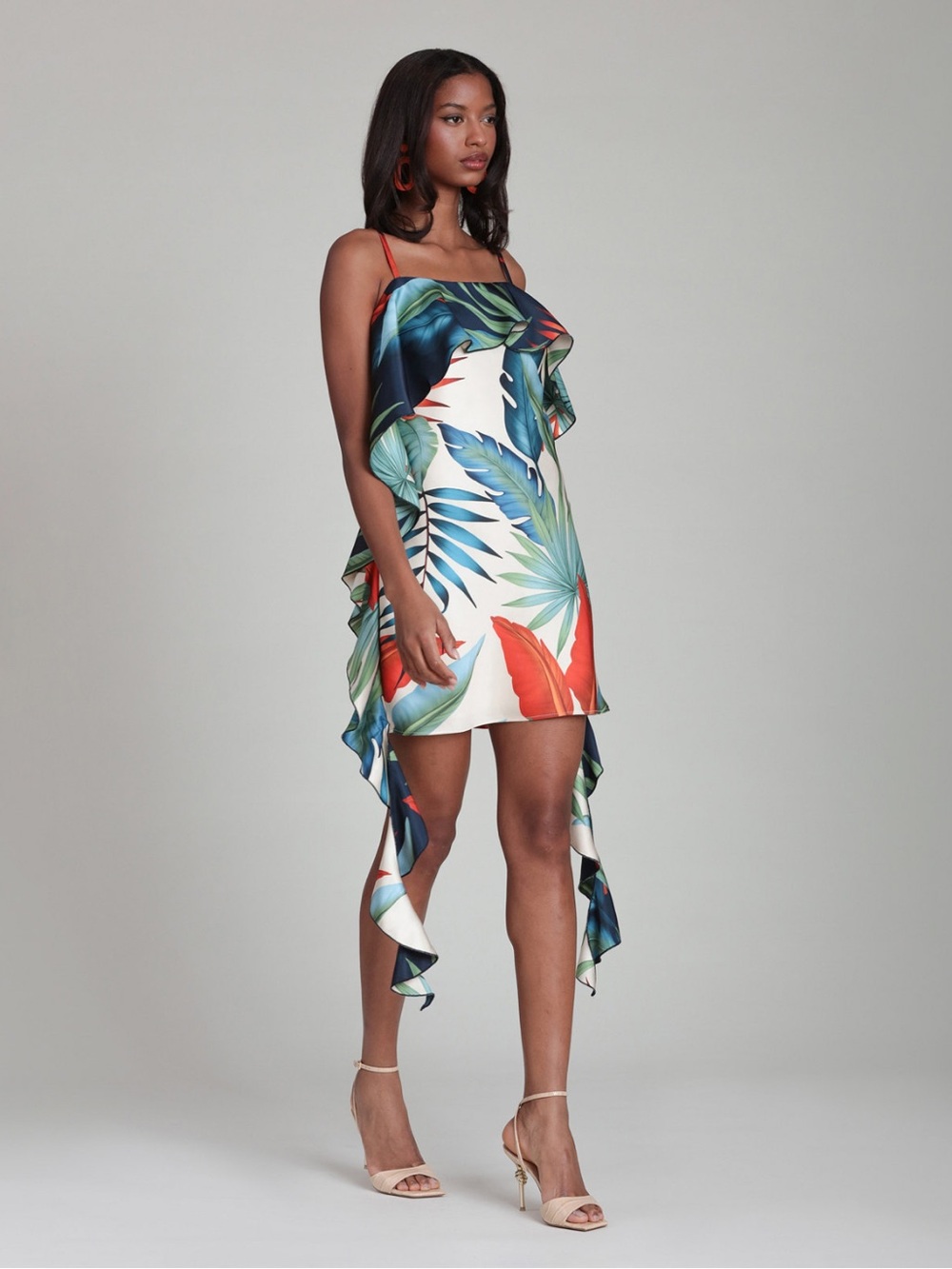 Women's Tropical Satin Asymmetric Drape Mini Dress Size 6 - Picture 2 of 6